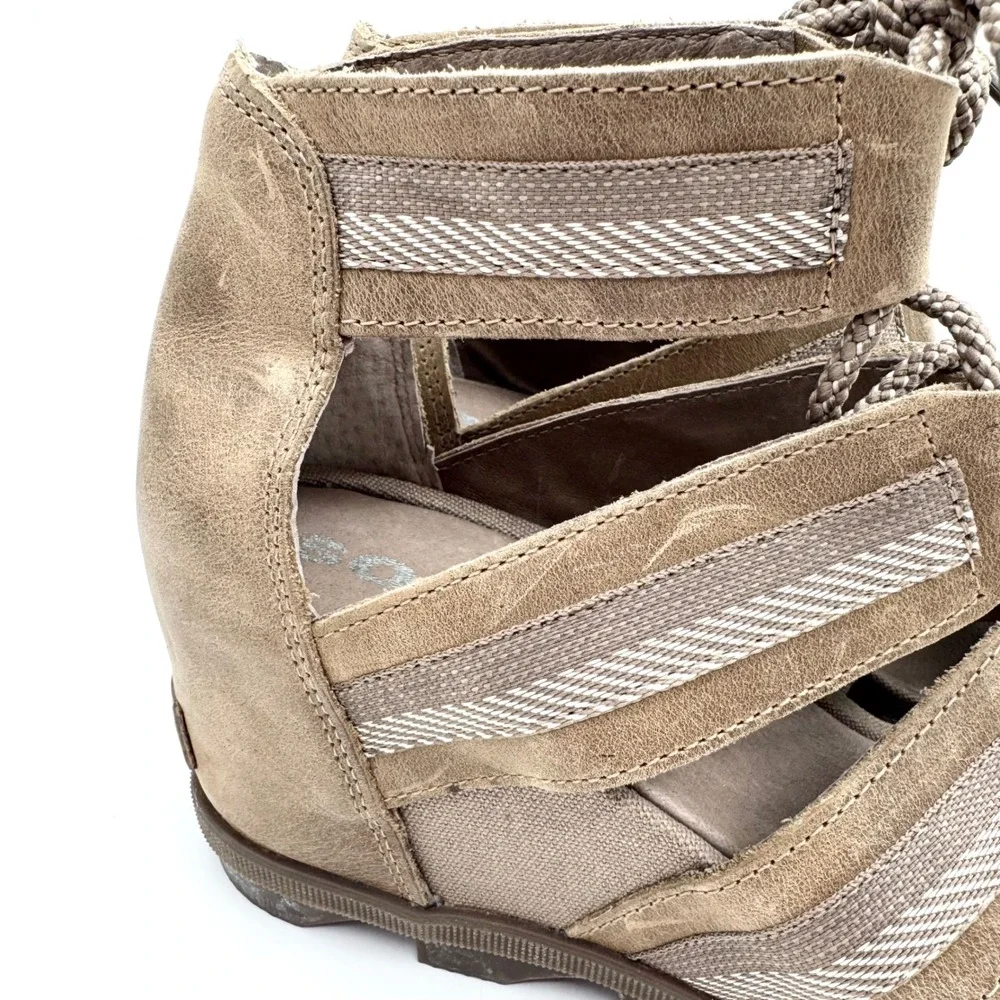 Sorel Joanie II Lace Up Open Toe Comfort Wedge Sandal Taupe Tan Womens‎ Size 11
